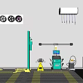 Automotive Repair Shop Industrial Equipment With Green Lifts Yellow Pads And Wall Tools