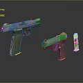 Two Green Grip Silver Barrel Pistols And Magazine Isolated On Dark Background