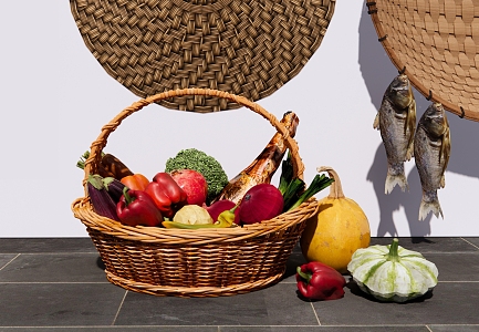 Fruit and Vegetable Combination Bamboo Vegetable Basket Vegetable Basket Fruit Basket Ham Bacon Salted Fish Pumpkin Pepper Eggplant 3d model