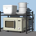Modern Kitchen Appliances Featuring Microwave Oven And White Pots On Black Rack