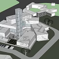 Modern Architectural Building With Geometric White Facade Glass Curtain Wall And Urban Plaza