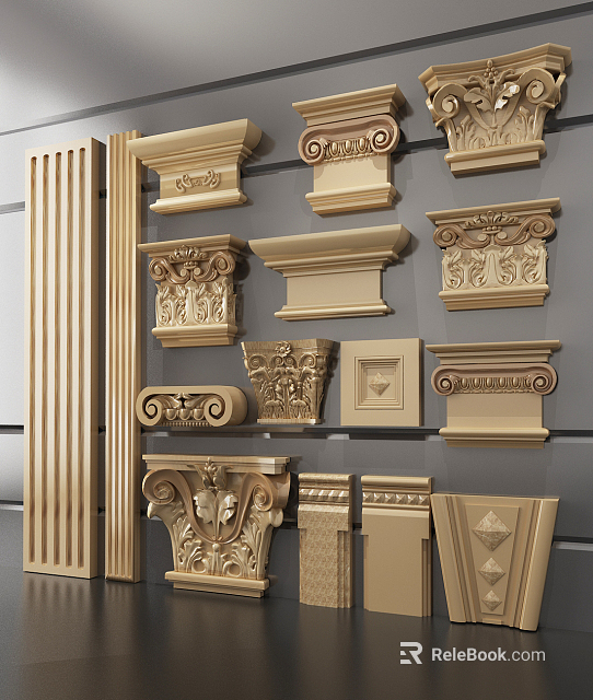 Ornate Classical Capitals With Intricate Carvings And Various Architectural Designs On Display Wall 3d model 