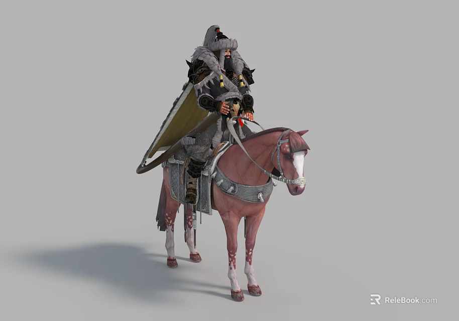 Man in Detailed Medieval Armor Riding Brown Horse with White Spots 3d model 
