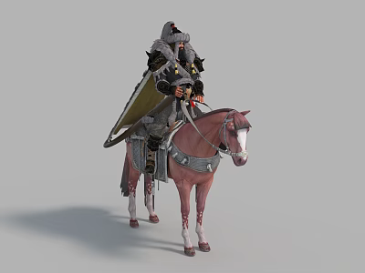 Man in Detailed Medieval Armor Riding Brown Horse with White Spots 3d model