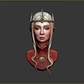 Woman 3D Model With Long Golden Hair Green Gem Crown Red Outfit