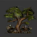 Cartoon Forest Scene With Big Tree Green Leaves Table Jars Fire Pit And Tree Roots 3d model