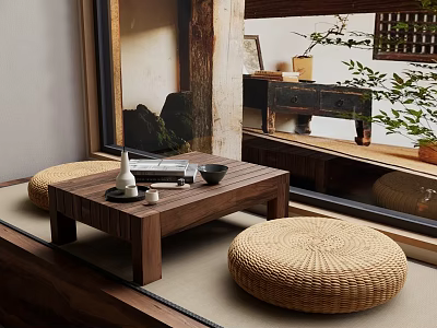 Round Wicker Stools In Natural Japanese Inspired Interior With Wooden Coffee Table 3d model