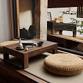 Round Wicker Stools In Natural Japanese Inspired Interior With Wooden Coffee Table