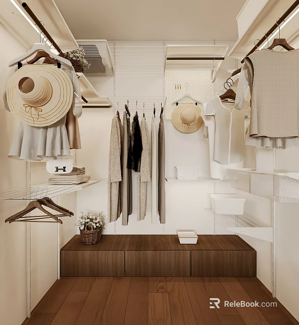 Modern Walk in Closet Interior With Hanging Clothes Hats Shelves And Wooden Bench 3d model 