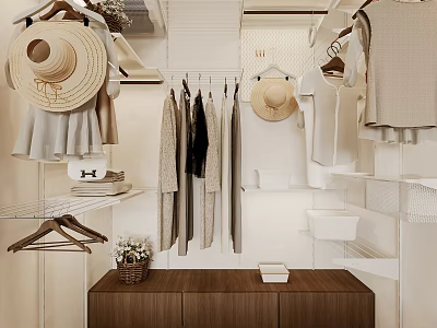 Modern Walk in Closet Interior With Hanging Clothes Hats Shelves And Wooden Bench 3d model