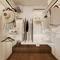 Modern Walk in Closet Interior With Hanging Clothes Hats Shelves And Wooden Bench