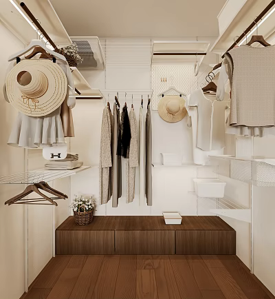 Modern Walk in Closet Interior With Hanging Clothes Hats Shelves And Wooden Bench 3d model