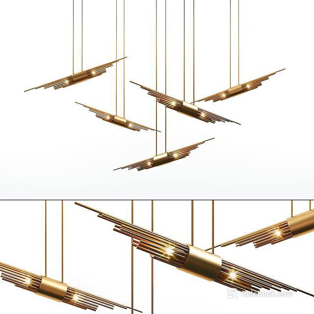 Modern Gold Linear Chandeliers with Metallic Structure for Elegant Interior Design 3d model