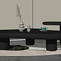 Modern Black Curved Coffee Table With Side Stool And Decorative Vase On Rug 3d model