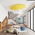 Modern Playroom Interior With Yellow Circular Ceiling Lamp White Spherical Decor Bookshelves And Kids Playhouse