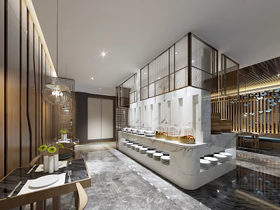 Modern Elegant Restaurant Interior With Marble Dining Counter Wooden Decor Open Layout And Warm Lighting 3d model