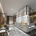 Modern Elegant Restaurant Interior With Marble Dining Counter Wooden Decor Open Layout And Warm Lighting