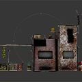 Rustic Multi Layered Building with Blue Water Tank Wooden Crates Plants Awnings and Windmill
