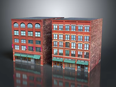 Red Brick Residential Building With Multiple Windows Ground Floor Storefronts And Green Awnings 3d model