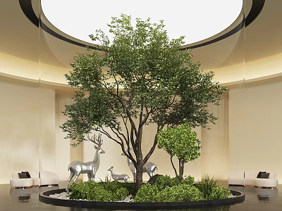 Indoor Garden with Large Tree Small Shrubs and Silver Deer Sculptures in Circular Space 3d model