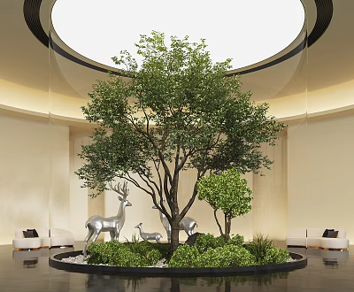 Indoor Garden with Large Tree Small Shrubs and Silver Deer Sculptures in Circular Space 3d model