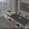 Bright Modern Dark Wooden Dining Table Set With White And Wooden Chairs And Kitchen Island