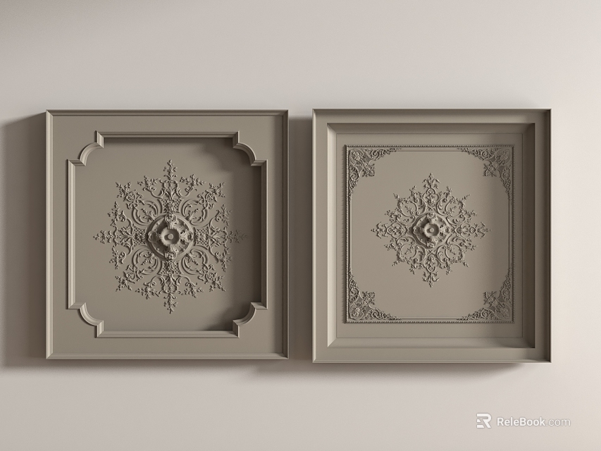Two Square Light Gray Ceiling Panels Featuring Intricate Decorative Patterns 3d model 