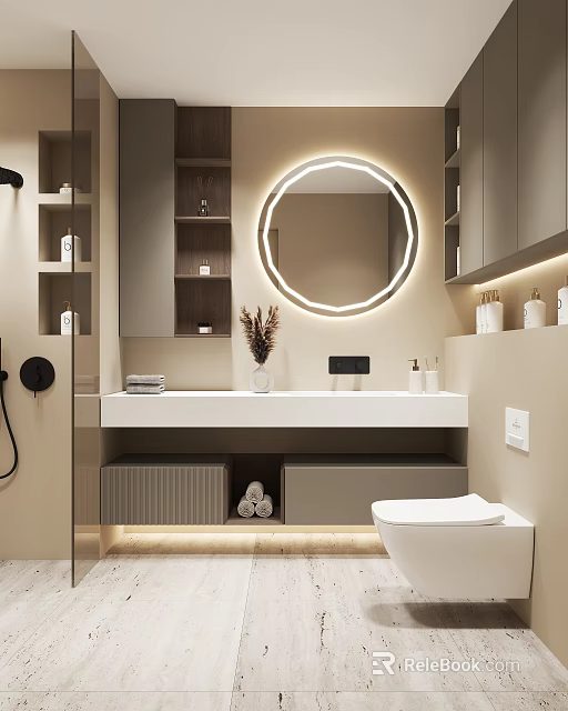 Modern Bathroom Interior With Round Backlit Mirror Vanity Cabinet And Decorative Plant 3d model 