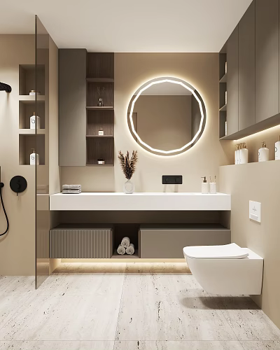 Modern Bathroom Interior With Round Backlit Mirror Vanity Cabinet And Decorative Plant 3d model
