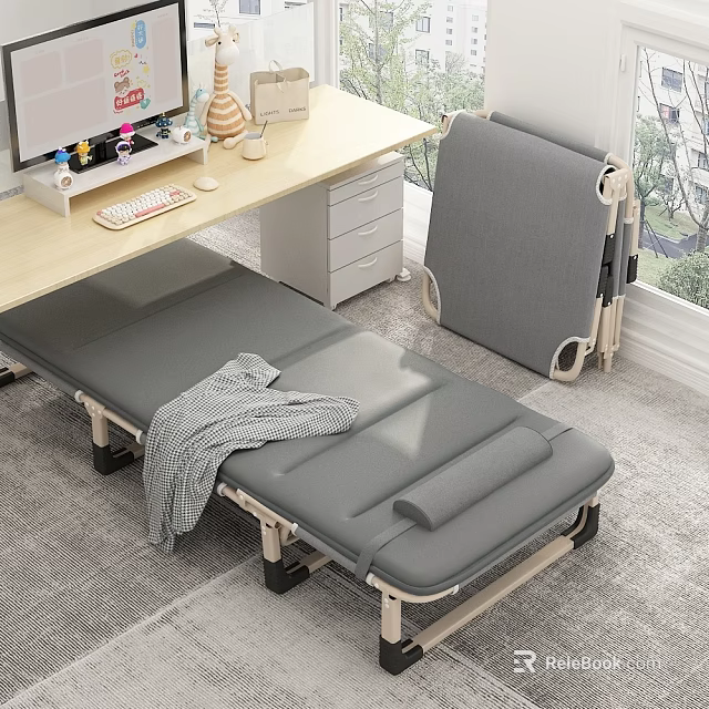 Foldable Single Bed With Gray Mattress And Desk In Cozy Room With Window View 3d model 