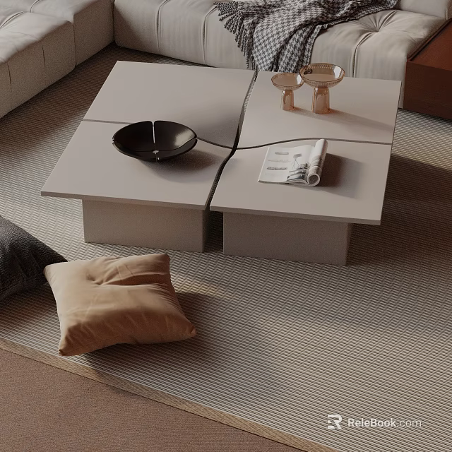 Modern Sofa and Coffee Table Set with Square Design and Decorative Pillows on Area Rug 3d model 