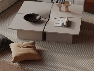 Modern Sofa and Coffee Table Set with Square Design and Decorative Pillows on Area Rug 3d model