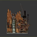 Scenic Red Rock Landscape With Waterfall Mechanical Crane And Multi Level Buildings