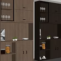 Modern Sideboard With Dark And Light Wood Glass Cabinets Wine Glasses Decorative Items And Plants