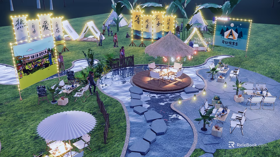 Scenic Outdoor Campsite Featuring Tents String Lights Thatched Pavilion Stream And Lawn Seating 3d model 