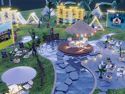 Scenic Outdoor Campsite Featuring Tents String Lights Thatched Pavilion Stream And Lawn Seating 3d model