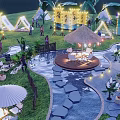 Scenic Outdoor Campsite Featuring Tents String Lights Thatched Pavilion Stream And Lawn Seating