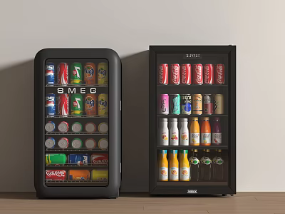 SMEG Glass Door Mini Fridges Filled With Various Canned And Bottled Beverages 3d model