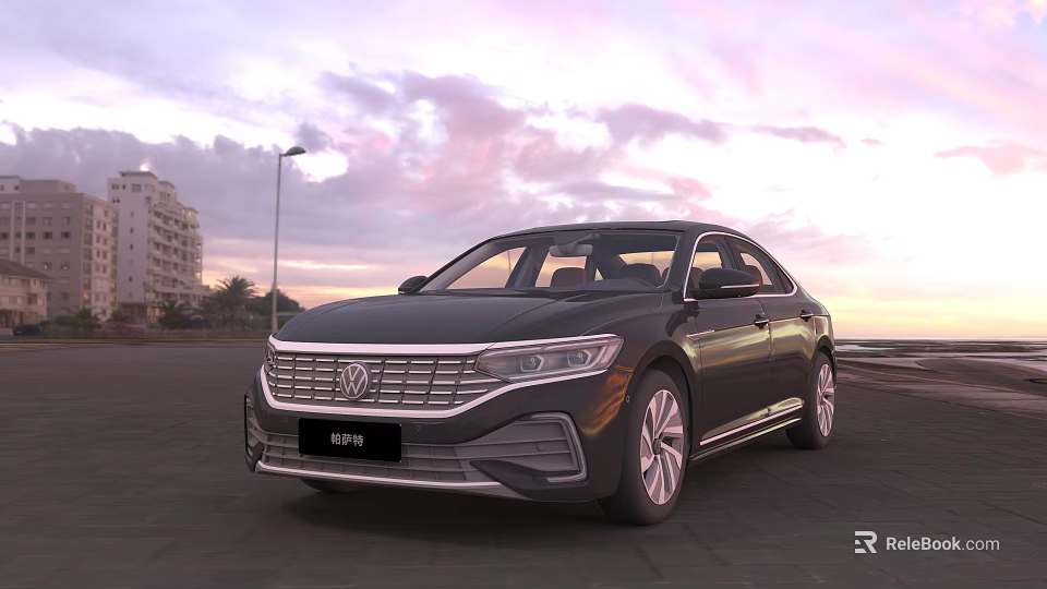 Black Volkswagen Sedan Parked On Asphalt Road During Sunset With Cloudy Sky And Street Lights 3d model 