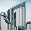 Modern Geometric Office Building Design With High Rise Glass Curtain Wall And Striped Facade