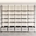 Sleek Modern Metal Shelving Unit With Multiple Shelves And Bottom Storage Drawers