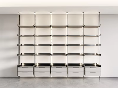 Sleek Modern Metal Shelving Unit With Multiple Shelves And Bottom Storage Drawers 3d model