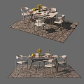 Dining Set With Rectangular Table Four Chairs Tableware And Flower Bouquet On Patterned Rug 3d model