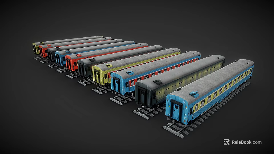 Colorful Model Train Cars in Various Colors Parked on Tracks with Windows 3d model 