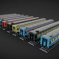 Colorful Model Train Cars in Various Colors Parked on Tracks with Windows
