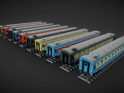 Colorful Model Train Cars in Various Colors Parked on Tracks with Windows 3d model