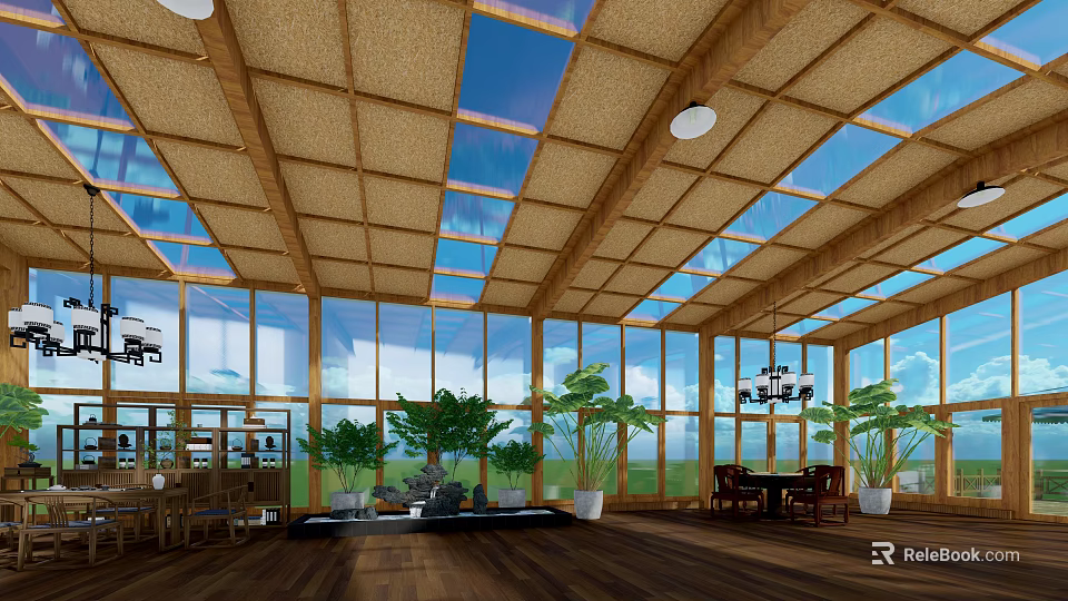 Villa Balcony With Wooden Ceiling Skylights And Large Windows Natural Light Green Plants And Furniture 3d model 