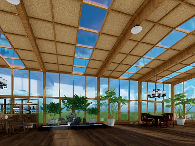Villa Balcony With Wooden Ceiling Skylights And Large Windows Natural Light Green Plants And Furniture 3d model