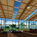 Villa Balcony With Wooden Ceiling Skylights And Large Windows Natural Light Green Plants And Furniture