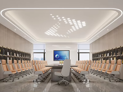 Modern Conference Room Interior With Orange Chairs Long Table Large Screen And Bookshelves 3d model